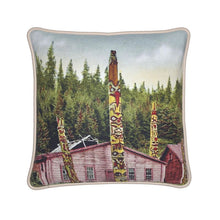 Load image into Gallery viewer, Alaska Ketchikan Haidi Totem poles and residence 1920s Silk Pillow